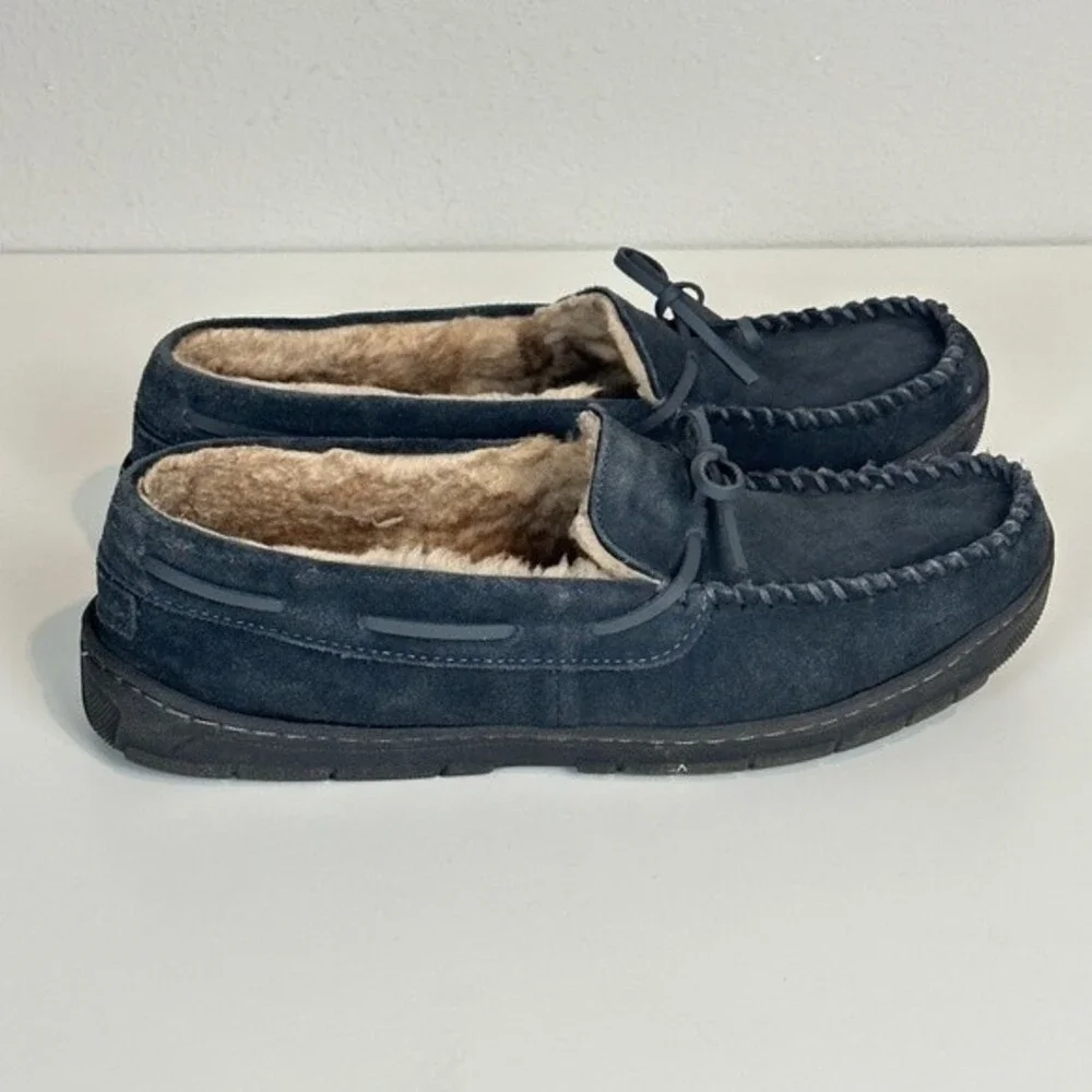 Eddie Bauer Firelight Suede Grey Shearling Lined Moc Slippers L 9.5-10.5